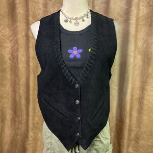 Vintage Suede Leather Vest Black Whipstitch Sleeveless V Neck Western Biker 90s